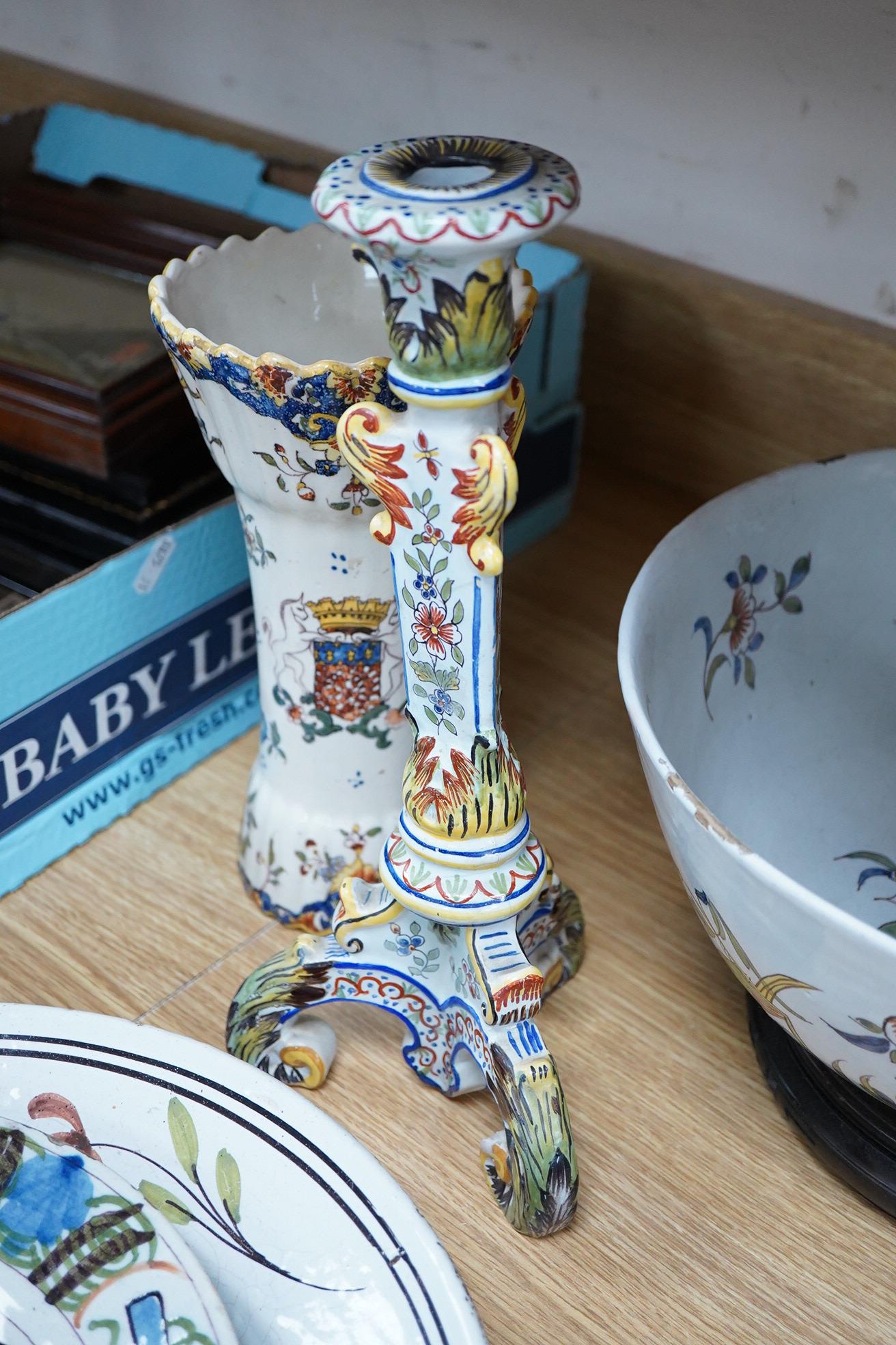18th and 19th century faience including five chargers and large bowl, latter 30cm